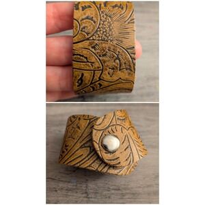 Western Tooled Leather Cuff Bracelet Floral Sunflower Tan Boho Wide Snap Wrap
